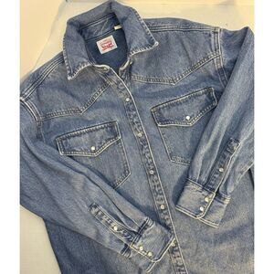 Levi's Long Denim‎ Jacket Pearl Snaps Western Rodeo Womans Sz Small